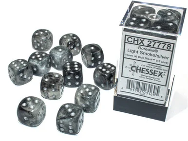27778 - Borealis® 16mm d6 Light Smoke/silver Luminary™ Dice Block™ (12 dice)