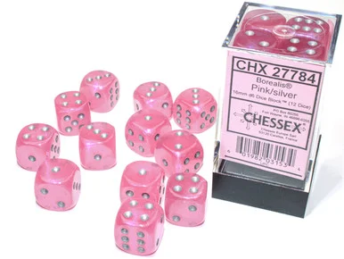 27784 - Borealis® 16mm d6 Pink/silver Luminary™ Dice Block™ (12 dice)