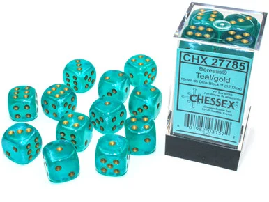 27785 - Borealis® 16mm d6 Teal/gold Luminary™ Dice Block™ (12 dice)