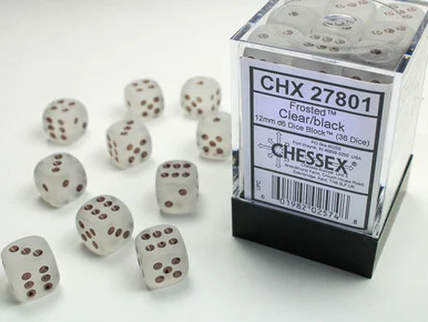 27801 - Frosted™ 12mm d6 Clear/black Dice Block™ (36 dice)