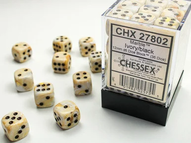 27802 - Marble 12mm d6 Ivory/black Dice Block™ (36 dice)