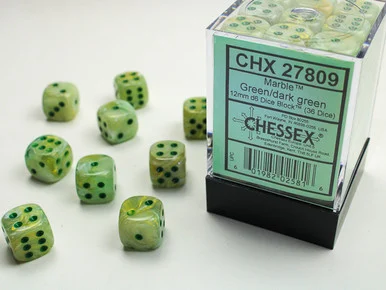 27809 - Marble 12mm d6 Green/dark green Dice Block™ (36 dice)