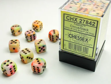 27842 - Festive® 12mm d6 Circus/black Dice Block™ (36 dice)