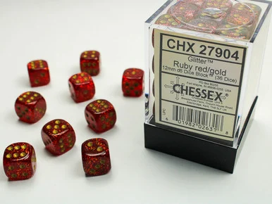 27904 - Glitter 12mm d6 Ruby/gold Dice Block™ (36 dice)