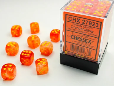 Chessex 27923 Ghostly Glow Orange/Yellow 12mm d6 Block (36 dice)