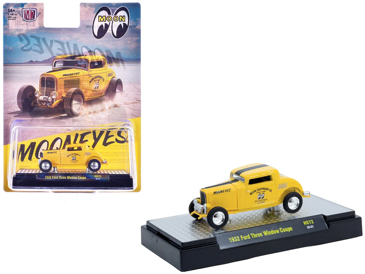 1932 Ford Three-Window Coupe "MoonEyes" Yellow with Black Stripe Limited Edition to 4400 pieces Worldwide 1/64 Diecast Model Car by M2 Machines