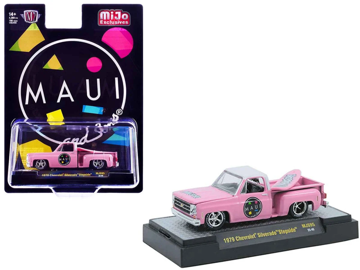 1979 Chevrolet Silverado Stepside Pickup Truck "Maui & Sons" Pink with White Top and Surfboard Limited Edition to 8360 pieces Worldwide 1/64 Diecast Model Car by M2 Machines