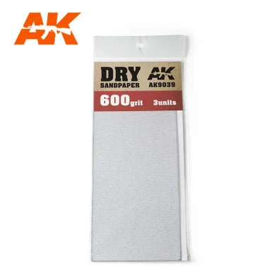 AK Interactive 9039 Dry Sandpaper 600 Grit, 3 Sheets