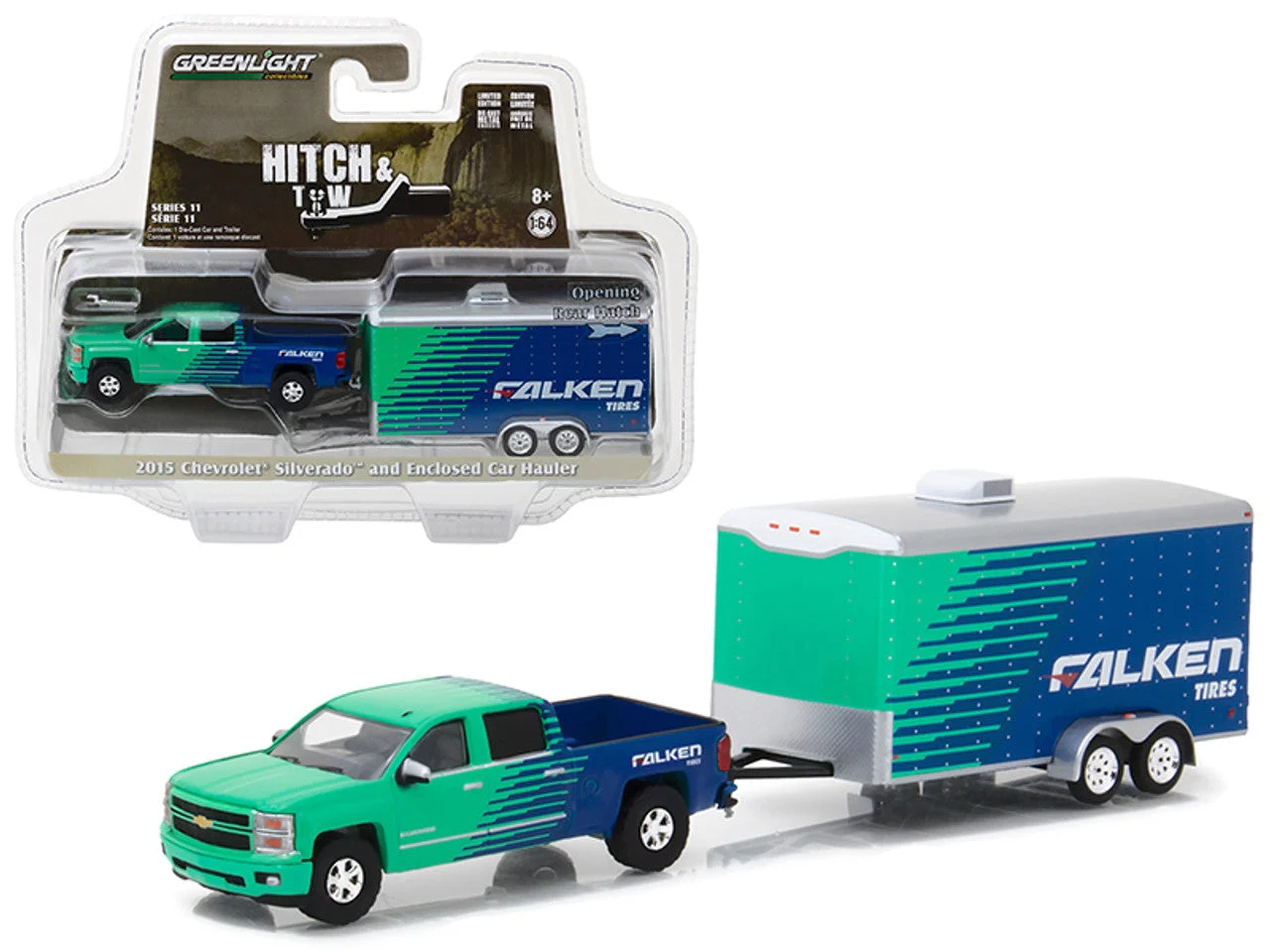 2015 Chevrolet Silverado with Enclosed Car Hauler, 1:64 Scale Diecast Model - GreenLight Collectibles