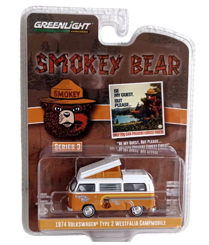 Greenlight 1:64 Smokey Bear Series 3 – 1974 Volkswagen Type 2 T2 Westfalia Campmobile “Be My Guest, But Please…Only You Can Prevent Forest Fires!” - GreenLight Collectibles