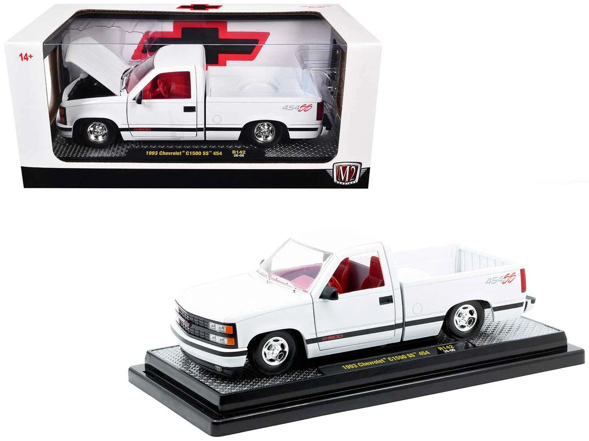 1993 Chevrolet C1500 SS 454 Pickup Truck White with Red Interior Limited Edition to 9600 pieces Worldwide 1/24 Diecast Model Car by M2 Machines