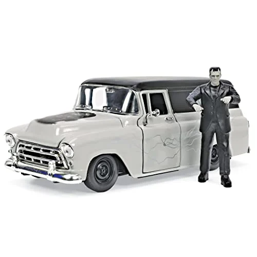 1957 Chevrolet Suburban Gray and Black with Graphics and Frankenstein Diecast Figurine "Universal Monsters" "Hollywood Rides" Series 1/24 Diecast Model Car by Jada