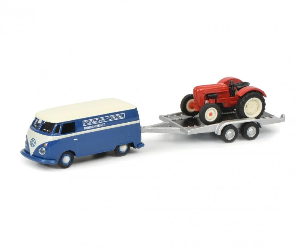 Volkswagen Type 2 T1 Panel Bus with Porsche Diesel Junior Tractor, 1:87 Scale Diecast Model - Schuco