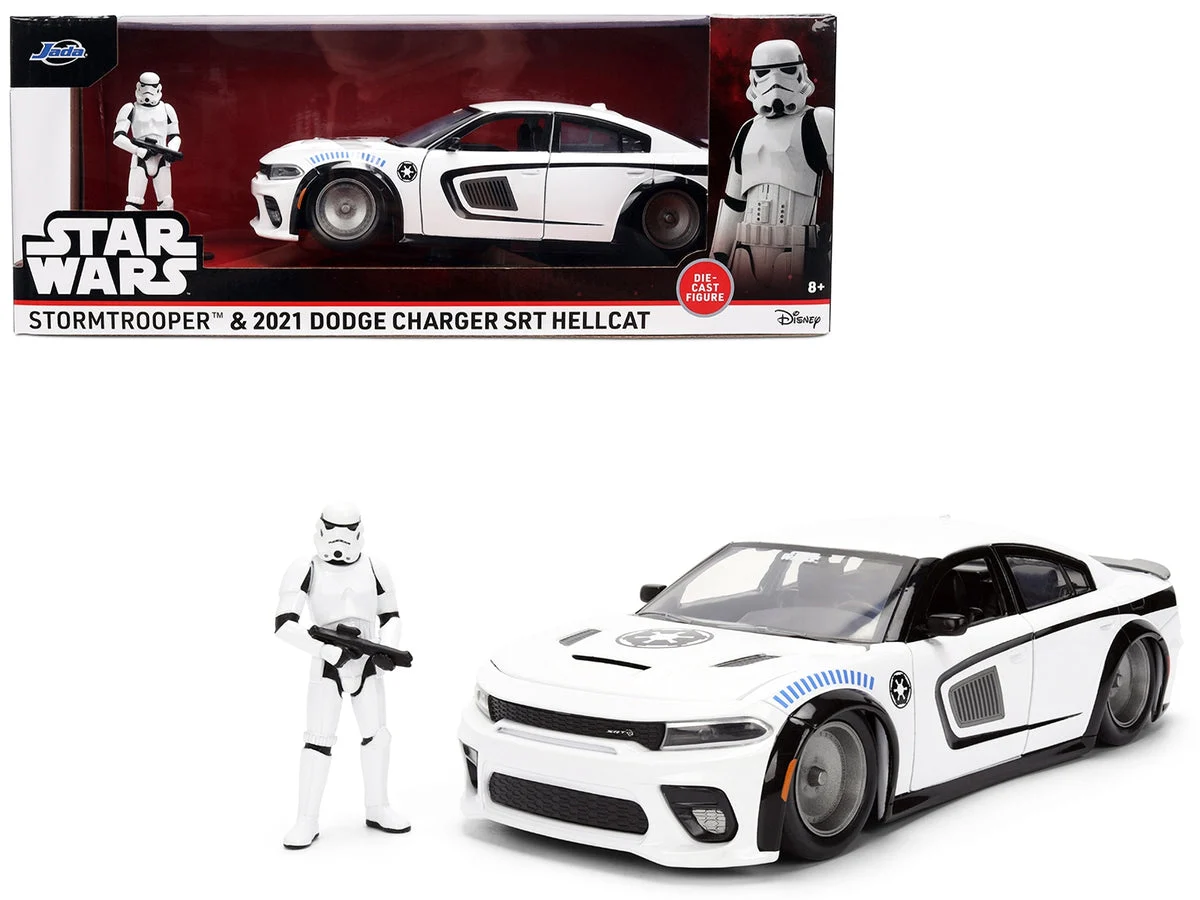 2021 Dodge Charger SRT Hellcat White with Graphics and Stormtrooper Figure "Star Wars" Franchise "Hollywood Rides" Series 1/24 Diecast Model Car by Jada