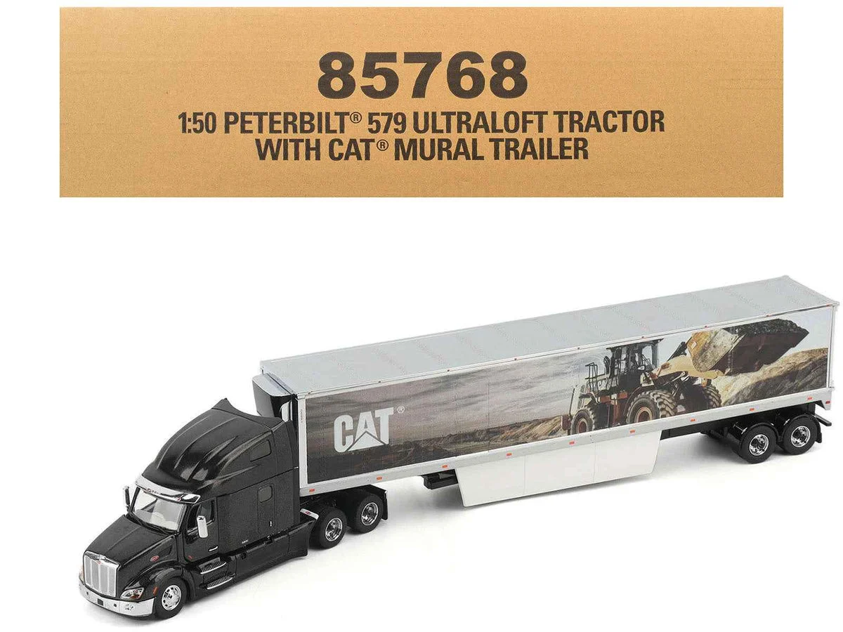 Peterbilt 579 UltraLoft Truck Tractor Black Metallic with "CAT Caterpillar" Mural Trailer "Transport Series" 1/50 Diecast Model by Diecast Masters