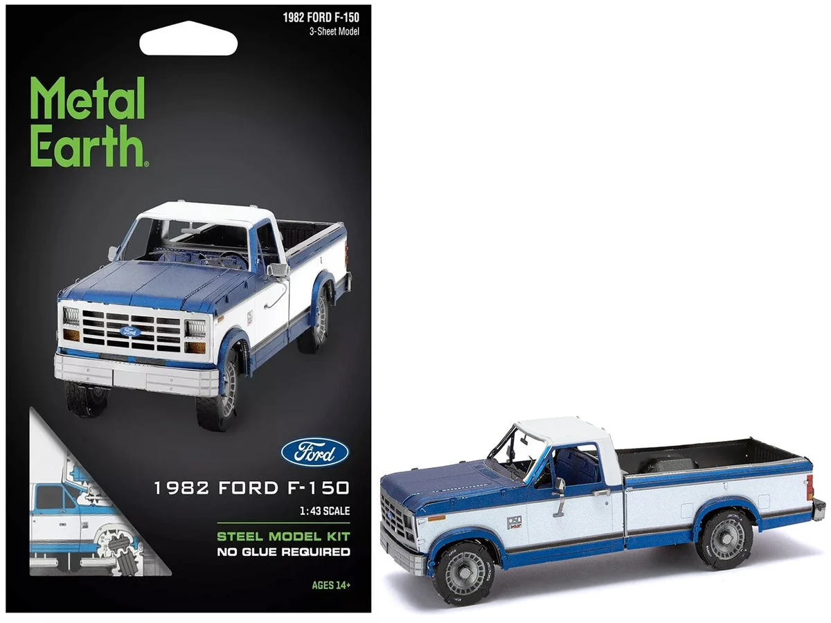 455587_69f0cfa2b5b6e9.38725971_1200x900.webp Model Kit 1982 Ford F-150 Pickup Truck Blue and White (Moderate Difficulty) Steel Model by Metal Earth