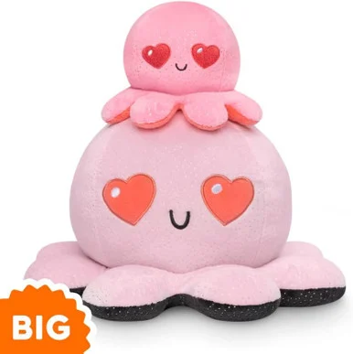TeeTurtle TEE5597TY195 BIG Reversible Octopus Plushie Pink Heart Eyes - Tee Turtle