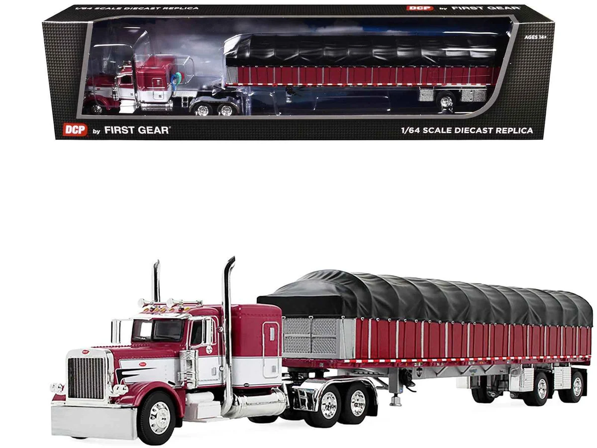 Peterbilt 389 with 63" Flat Top Sleeper and 53' Wilson Roadbrute Flatbed Trailer with Covered Wagon Maroon with White Stripes 1/64 Diecast Model by DCP/First Gear