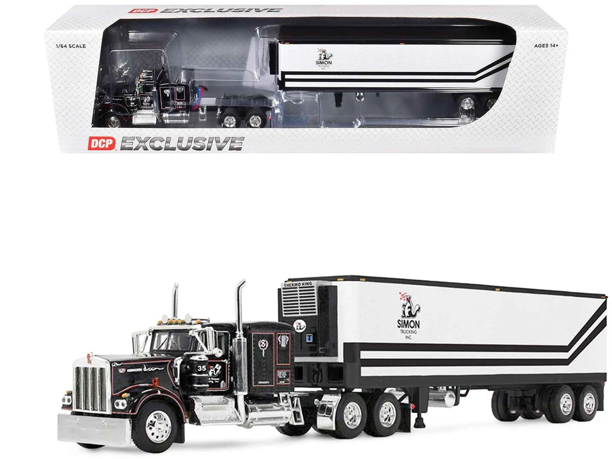 Kenworth W900A with 60" Flat Top Sleeper and 40' Vintage Trailer with Reefer "Dick Simon Trucking" Black with Graphics 1/64 Diecast Model by DCP/First Gear
