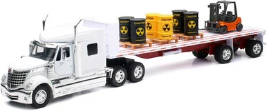 New Ray Toys 10193 International Lonestar w/Flatbed Trailer Toxic Barrels & Forklift 1/32 Scale Die-Cast Model