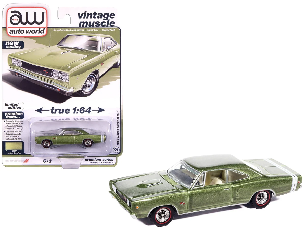 1968 Dodge Coronet R/T Medium Green Metallic with White Interior "Vintage Muscle" Series 1/64 Diecast Model Car by Auto World - Autoworld