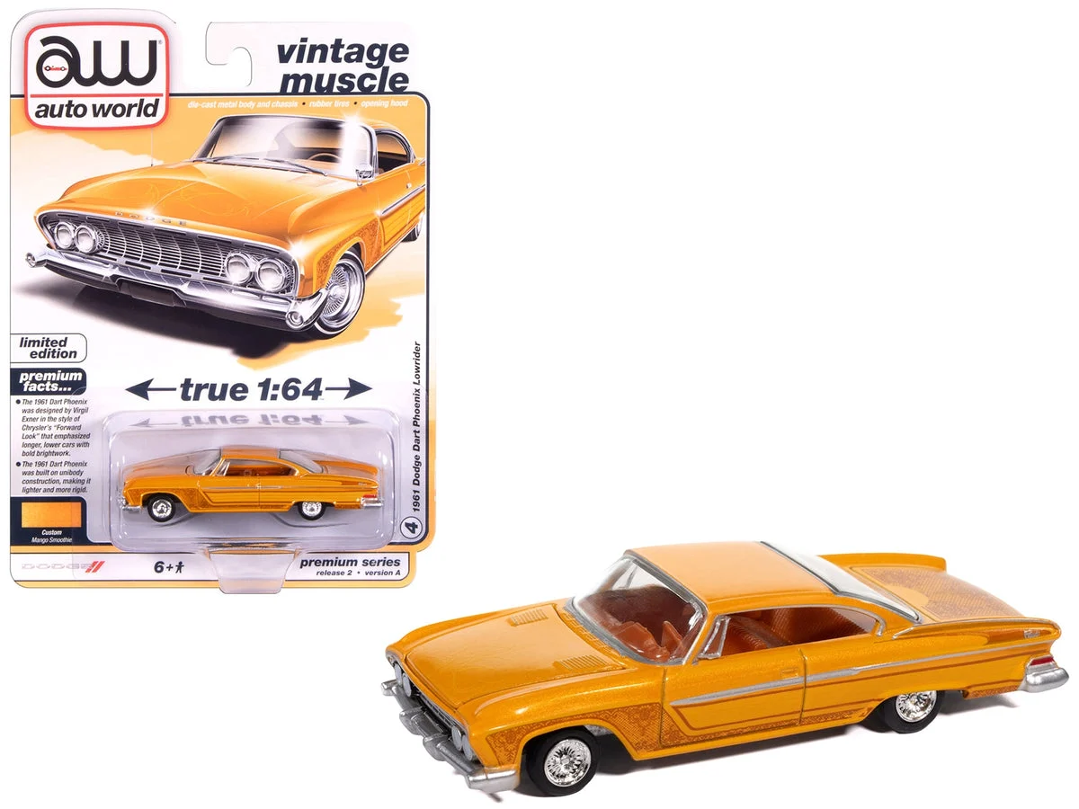 1961 Dodge Dart Phoenix Lowrider Mango Smoothie Metallic with Graphics and Orange Interior "Vintage Muscle" Series 1/64 Diecast Model Car by Auto World - Autoworld