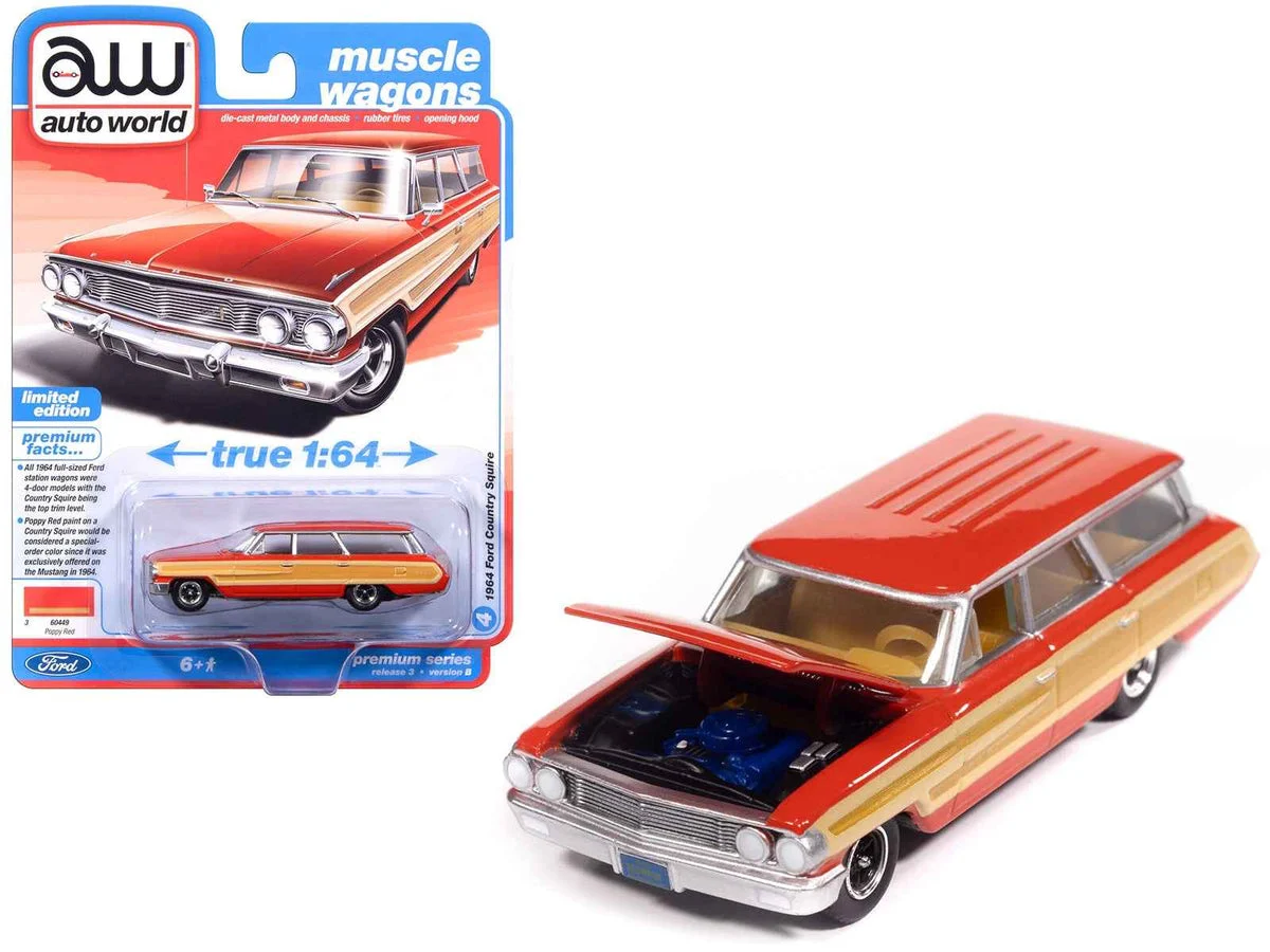 1964 Ford Country Squire Poppy Red with Woodgrain Sides "Muscle Wagons" Series 1/64 Diecast Model Car by Auto World - Autoworld