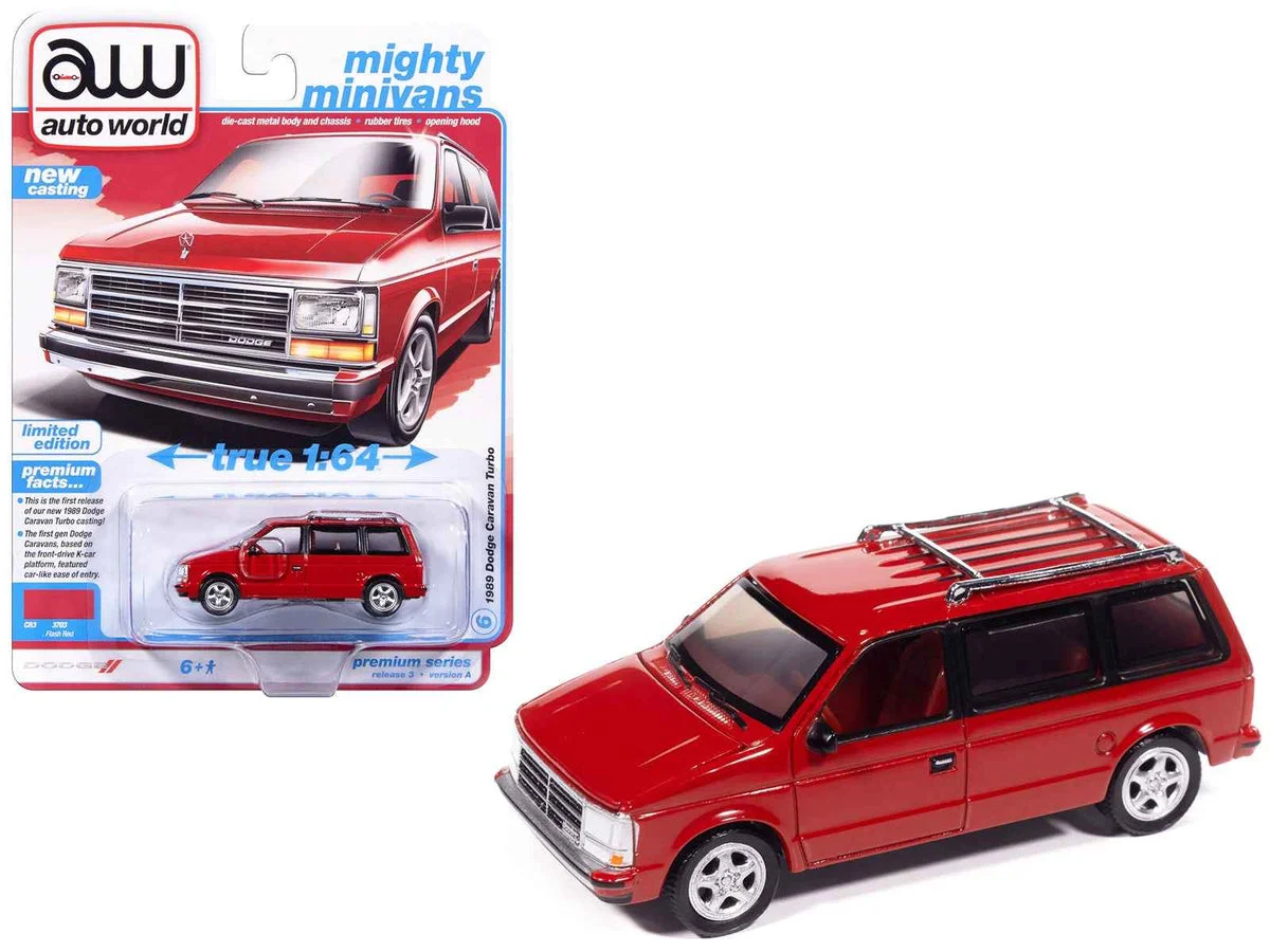 1989 Dodge Caravan Turbo Van Flash Red "Mighty Minivans" Series 1/64 Diecast Model Car by Auto World - Autoworld