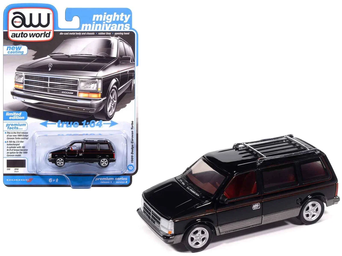 1989 Dodge Caravan Turbo Van Black with Red Stripes and Interior "Mighty Minivans" Series 1/64 Diecast Model Car by Auto World - Autoworld