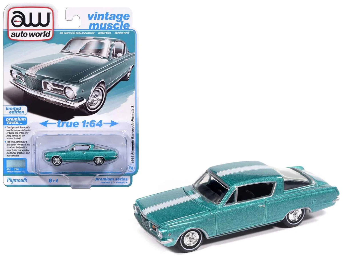 1965 Plymouth Barracuda Formula S Turquoise Metallic with White Stripe "Vintage Muscle" Series 1/64 Diecast Model Car by Auto World - Autoworld