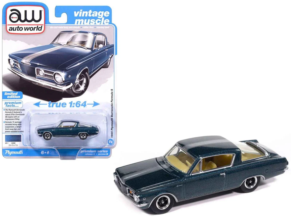 1965 Plymouth Barracuda Formula S Dark Blue Metallic with Silver Stripe "Vintage Muscle" Series 1/64 Diecast Model Car by Auto World - Autoworld