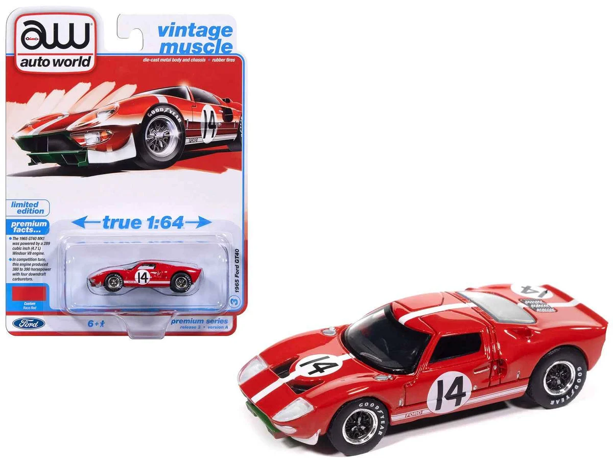 1965 Ford GT40 #14 Red with White Stripes "Vintage Muscle" Series 1/64 Diecast Model Car by Auto World - Autoworld