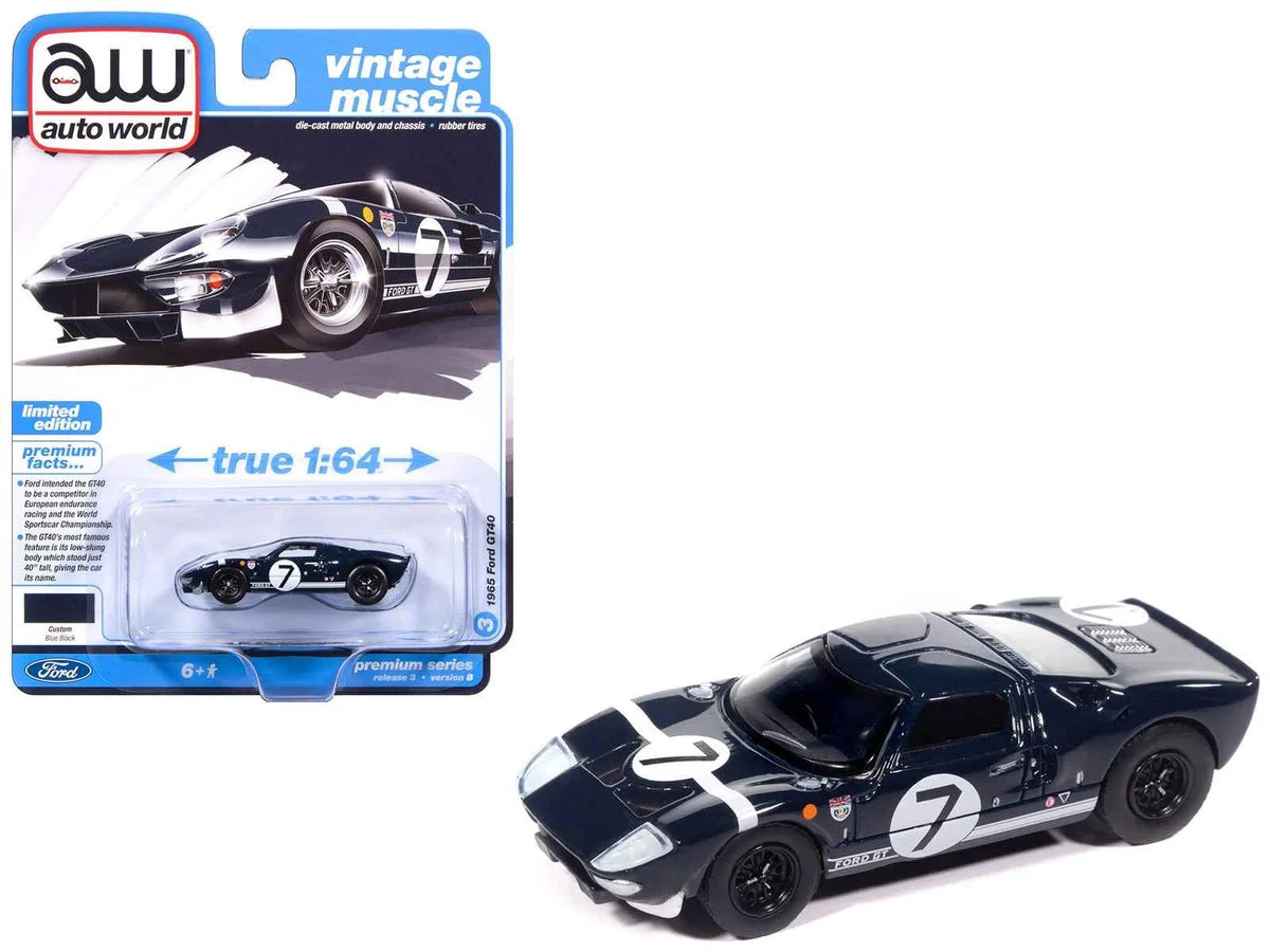 1965 Ford GT40 #7 Blue Black with White Stripes "Vintage Muscle" Series 1/64 Diecast Model Car by Auto World - Autoworld