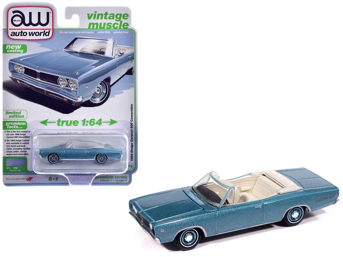 1968 Dodge Coronet 500 Convertible Pale Blue Metallic with White Interior "Vintage Muscle" Series 1/64 Diecast Model Car by Auto World - Autoworld