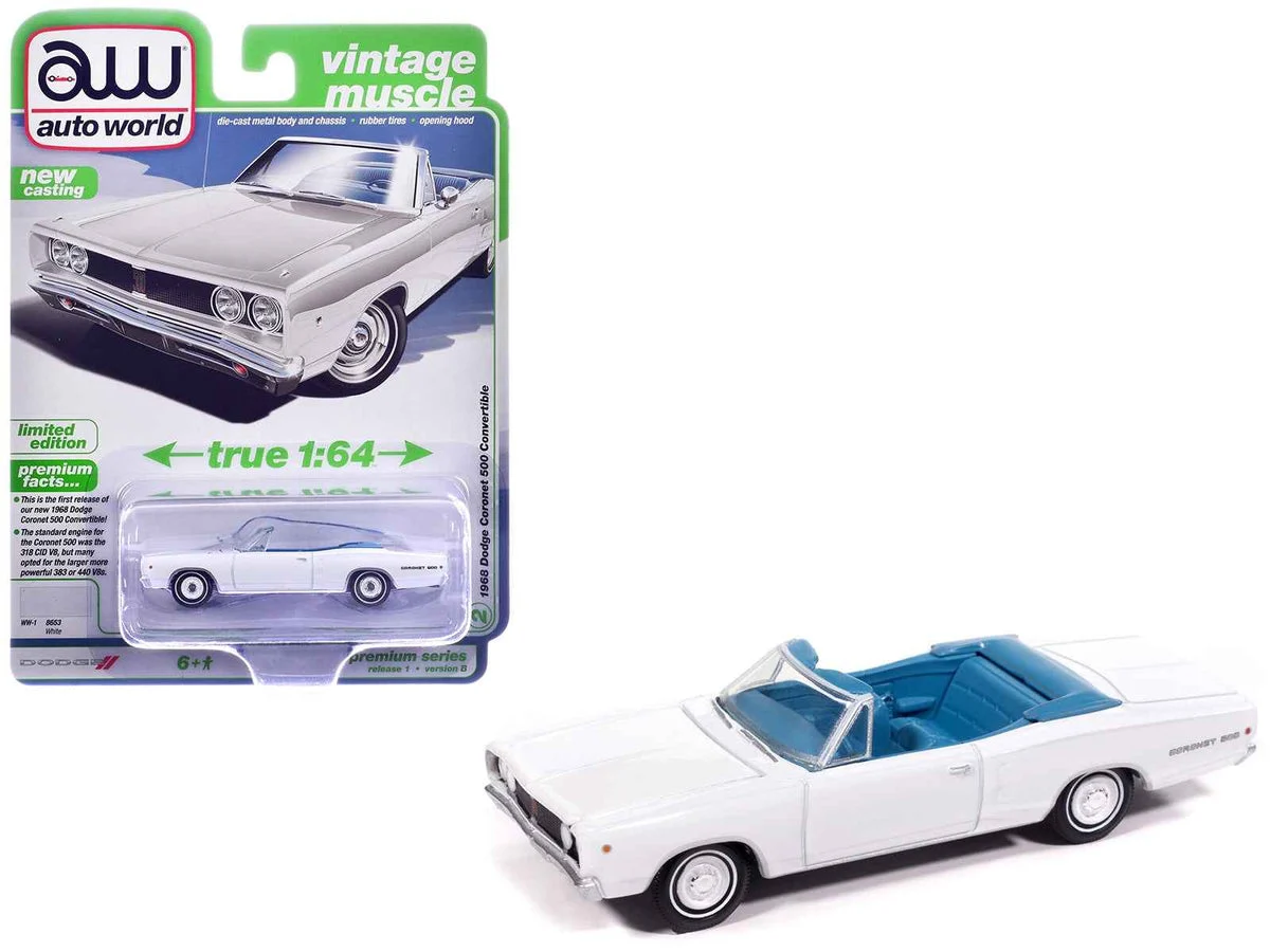 1968 Dodge Coronet 500 Convertible White with Blue Interior "Vintage Muscle" Series 1/64 Diecast Model Car by Auto World - Autoworld