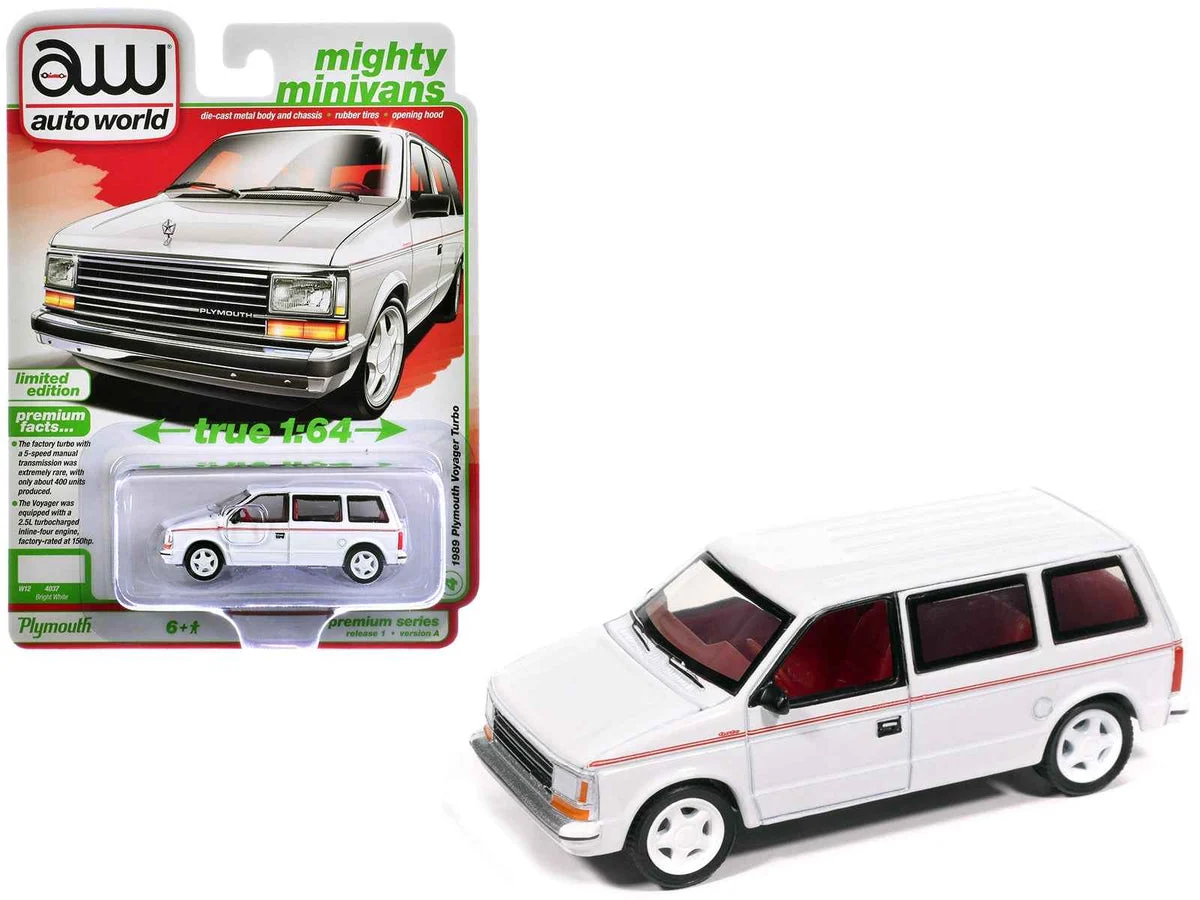 1989 Plymouth Voyager Turbo Van Bright White with Red Stripes and Interior "Mighty Minivans" Series 1/64 Diecast Model Car by Auto World - Autoworld