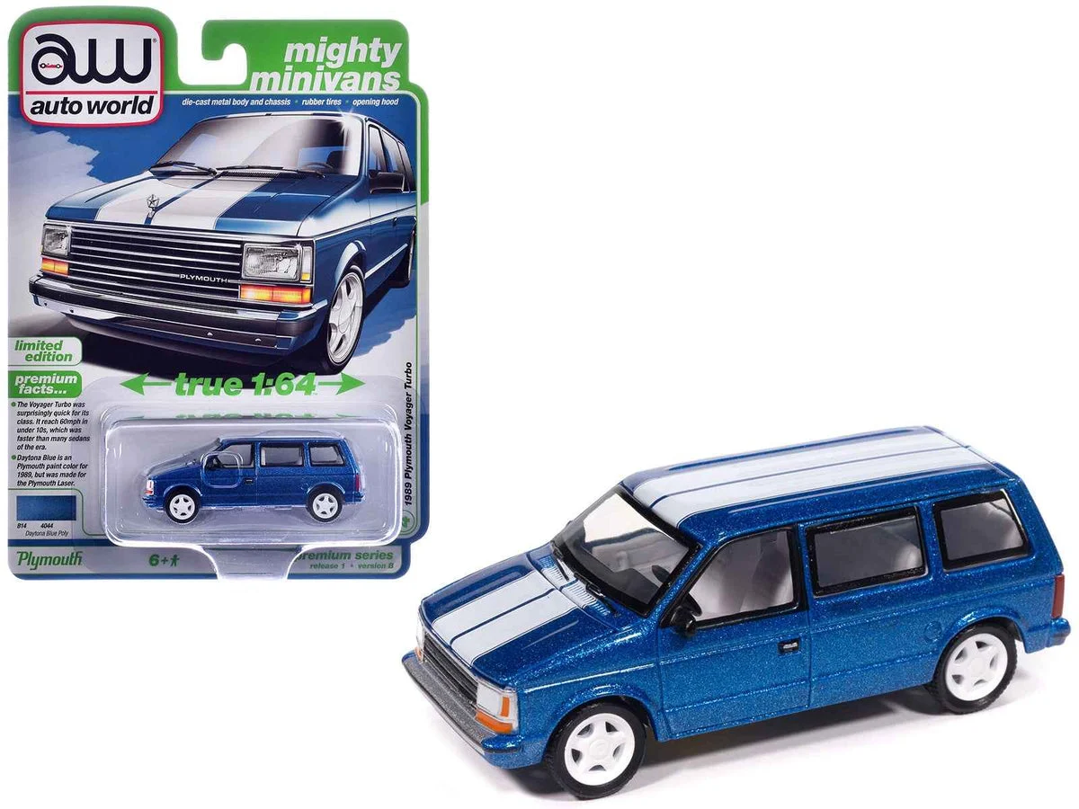 1989 Plymouth Voyager Turbo Van Daytona Blue Metallic with White Stripes and Interior "Mighty Minivans" Series 1/64 Diecast Model Car by Auto World - Autoworld