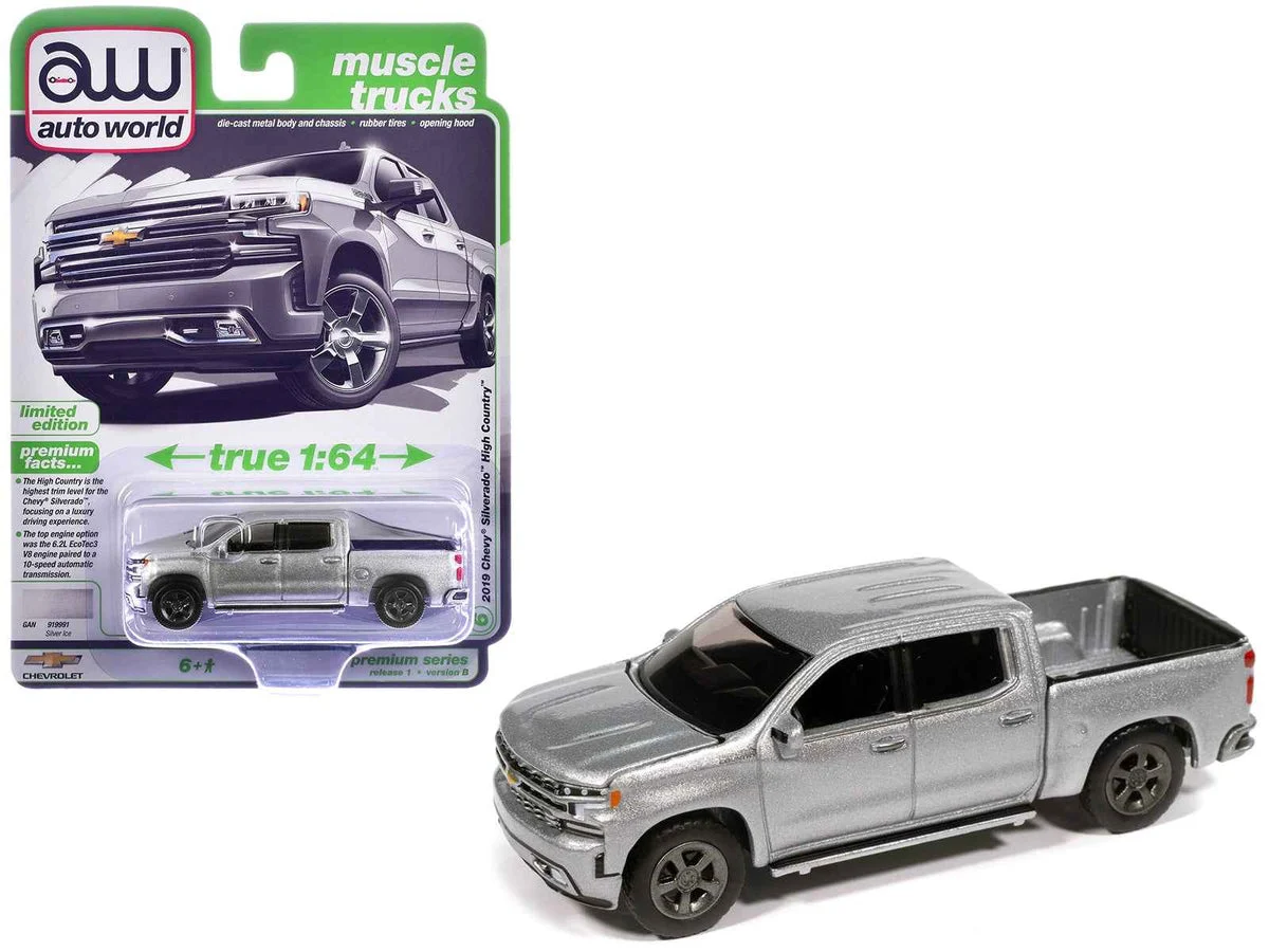 2019 Chevrolet Silverado High Country Pickup Truck Silver Ice Metallic "Muscle Trucks" Series 1/64 Diecast Model Car by Auto World - Autoworld
