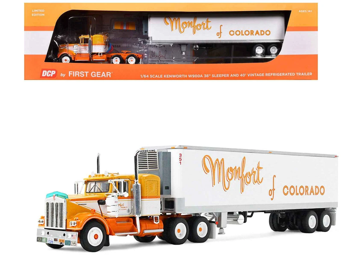 Kenworth W900A with 36" Sleeper and 40' Vintage Trailer with Reefer "Monfort of Colorado" Orange and White "Fallen Flag #50" 1/64 Diecast Model by DCP/First Gear