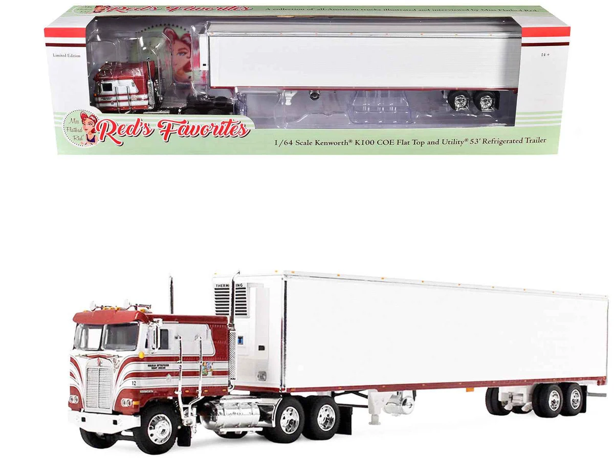 Kenworth K100 COE Flat Top and 53' Utility Trailer with Reefer "Red's Favorites - Jim Skrinar" Red with White Stripes 1/64 Diecast Model by DCP/First Gear