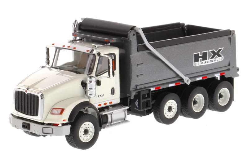 International HX620 Tri-Axle Tractor (White) W/ Dump Truck (Gun Metal Gray), 1:50 Scale Model