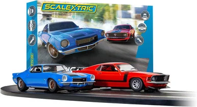 Scalextrics C1429T American Street Dual, 1970s Chevrolet Camaro Vs 1970s Ford Mustang 1/32 Scale Slot Car Race Track Set