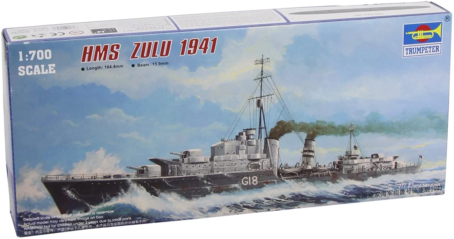 HMS Zulu (G18) British Tribal Class Destroyer 1941, 1:700 Scale Model Kit - Trumpeter