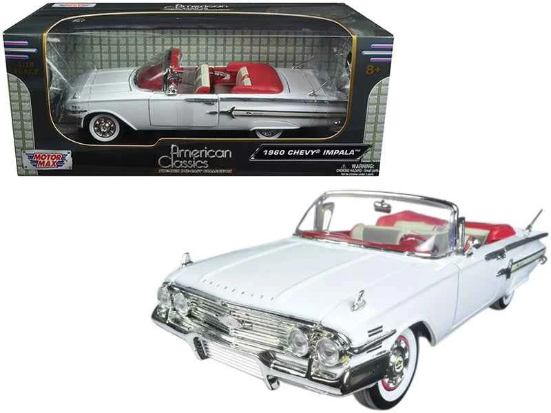 1960 Chevrolet Impala Convertible White with Red Interior 1/18 Diecast Model Car by Motormax