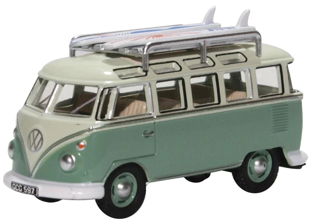 Volkswagen T1 Samba Bus w/ Surfboards (Turquoise / Blue White),1/76 Scale Diecast Model - Oxford Diecast