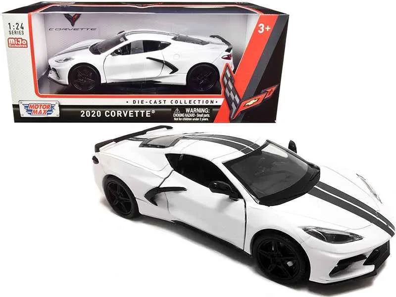 2020 Chevrolet Corvette C8 Stingray White with Gray Stripes 1/24 Diecast Model Car by Motormax