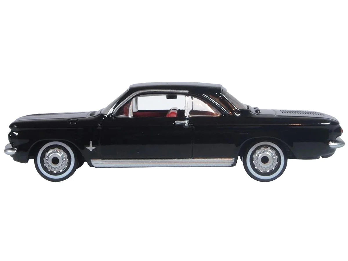 1963 Chevrolet Corvair Coupe Tuxedo Black with Red Interior 1/87 (HO) Scale Diecast Model Car by Oxford Diecast