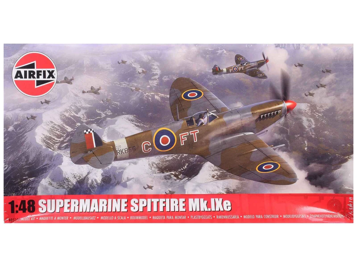 Level 2 Model Kit Supermarine Spitfire Mk.IXe Fighter Aircraft with 3 Scheme Options 1/48 Plastic Model Kit by Airfix