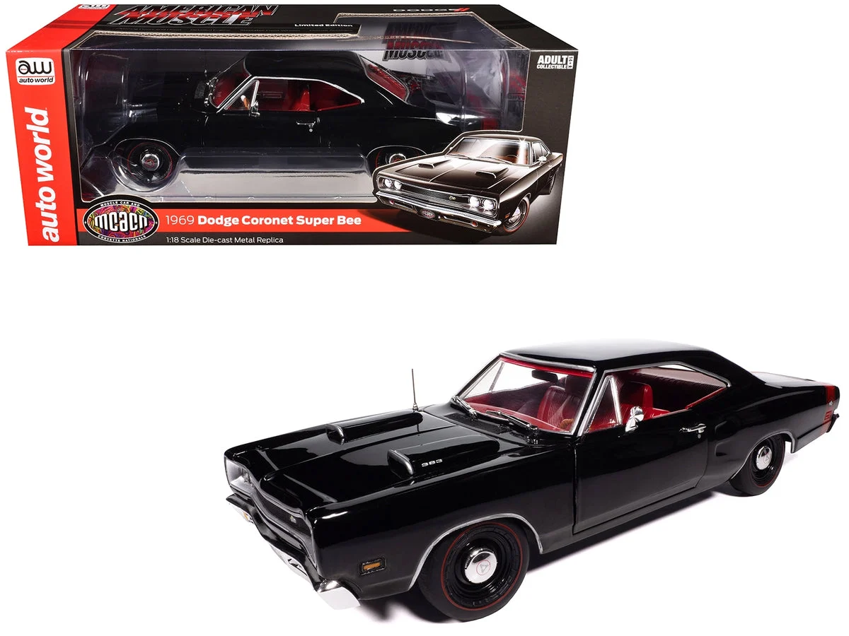 1969 Dodge Coronet Super Bee "Muscle Car & Corvette Nationals" (MCACN) Black with Red Interior "American Muscle" Series 1/18 Diecast Model Car by Auto World - Autoworld