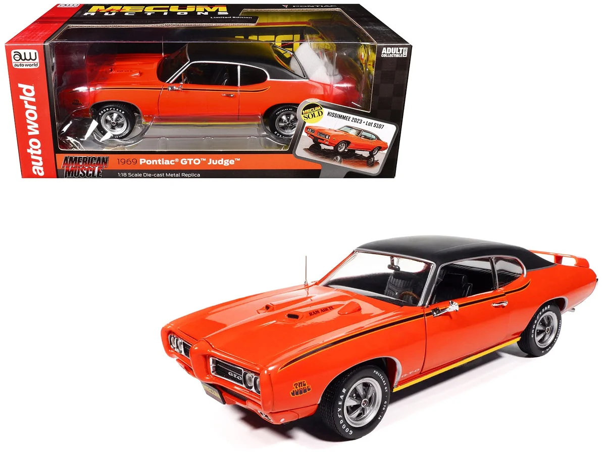 1969 Pontiac GTO Judge Carousel Red with Black Stripes and Black Vinyl Top "Mecum Auctions" "American Muscle" Series 1/18 Diecast Model Car by Auto World - Autoworld